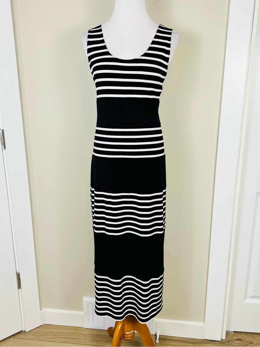 Joseph Ribkoff Black and White Striped Sleeveless Maxi Dress